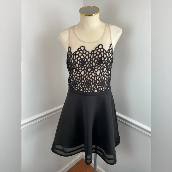bebe | Dresses | Bebe Black Fit Flare Mesh Illusion Lace Dress Size Medium  | Poshmark